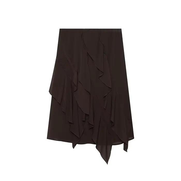 YENKYE Jupe midi asymétrique à volants marron foncé pour femme