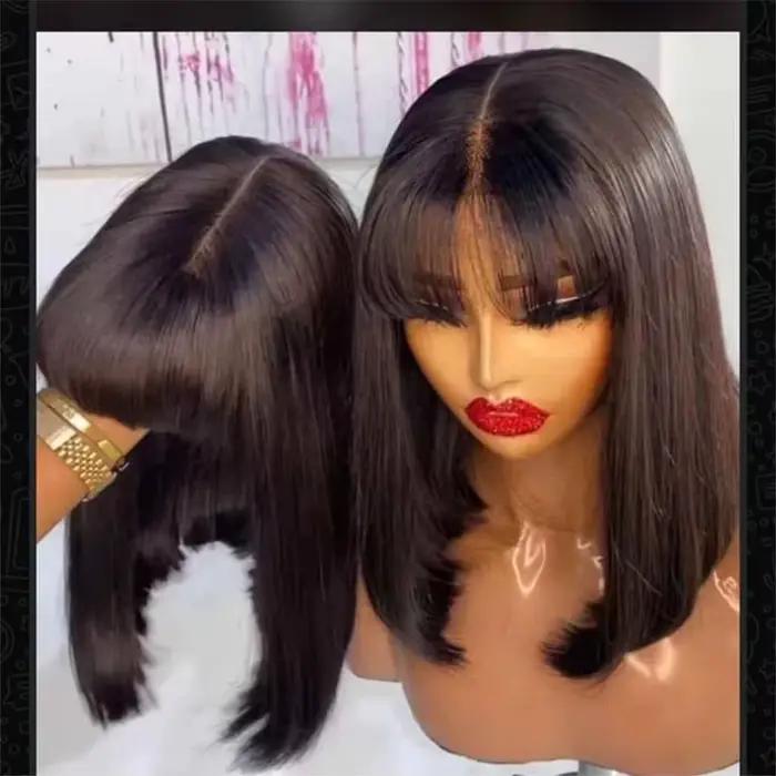 Perruques Bob Courtes Droites 3x1 en Dentelle avec Frange, Perruques Sans Colle en Cheveux Humains Lisses, Perruques Bob Brésiliennes à Frange et Raie au Milieu, Effet Cuir Chevelu Réaliste