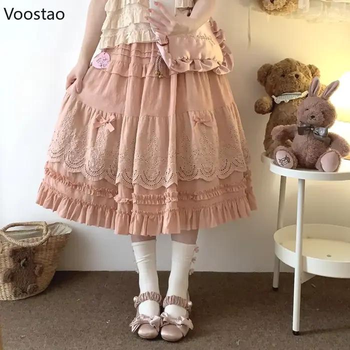 Mori Girl Style Lolita jupe Midi femmes Vintage broderie dentelle florale nœud volants jupes longues femme Prairie Chic