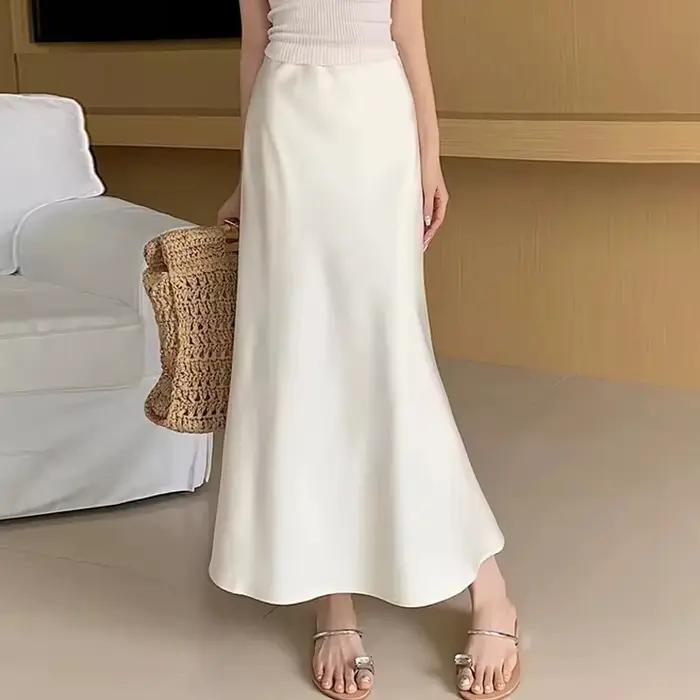 MUJER Satin jupes longues pour femmes drapé taille haute jupe Midi femme été droite