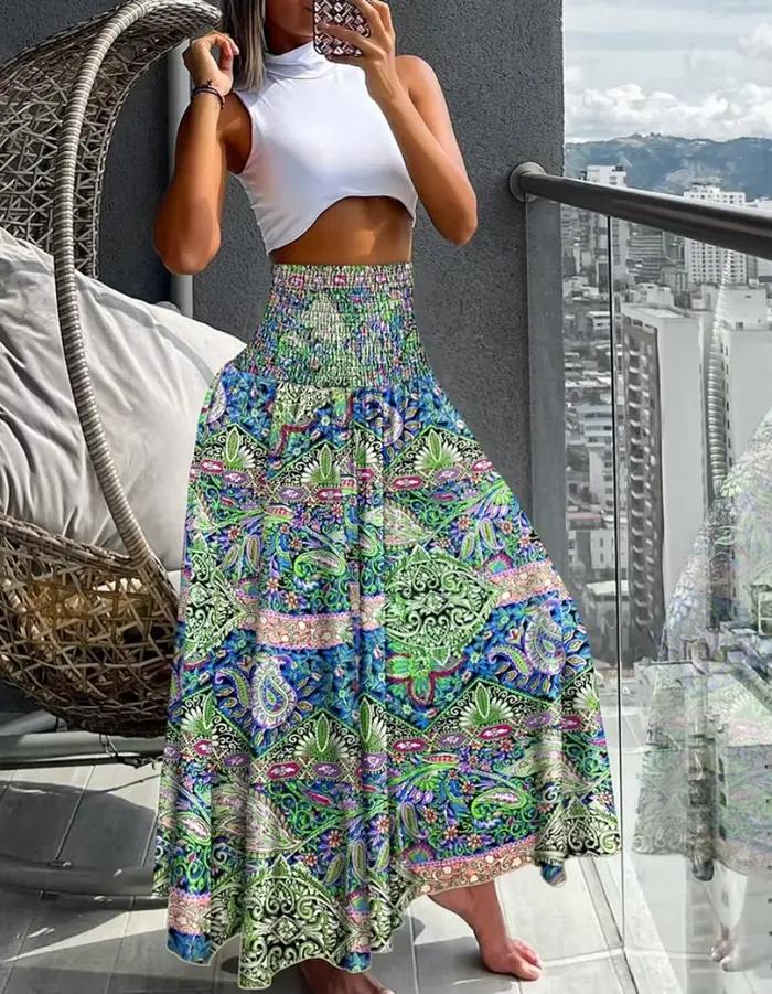 Jupe longue imprimée floral polyester pour femmes, taille haute, longueur cheville, couleur multiple, style bureau dame, artisanat TAT, confort et élégance estivale