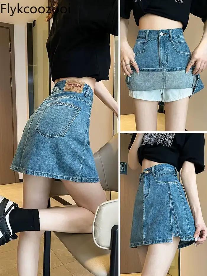 Flykcoozooi jupe en jean bleu pour femmes été nouvelle mode coréenne fille épicée Anti-éblouissement taille haute minceur a-ligne Mini jupes