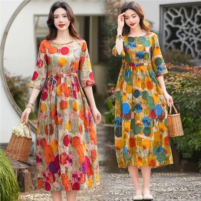Robe longue en coton à manches mi-longues pour femmes, imprimé floral, lin, vintage, mode, vacances, style voyage, plage, robes décontractées, été