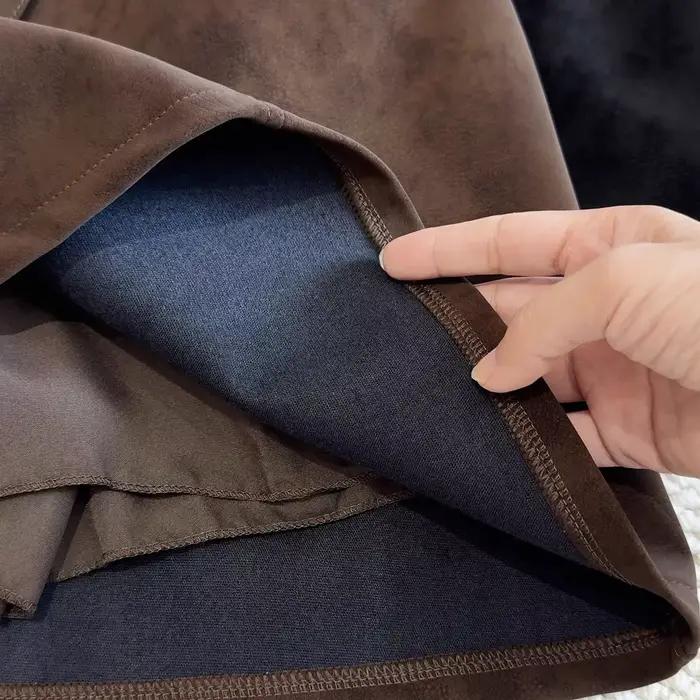 Mini-jupe trapèze taille haute en daim couleur café avec ourlet irrégulier pour femme – Jupe courte tendance amincissante