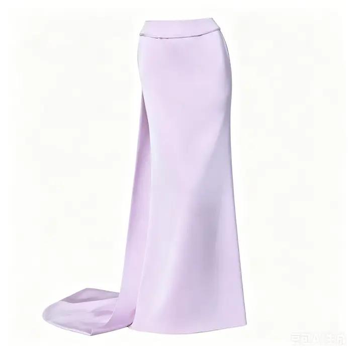 Jupe longue en satin lavande taille haute avec traîne