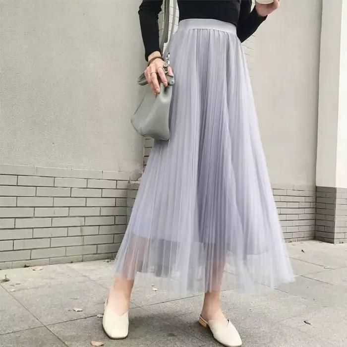 Vintage Tulle jupe femmes Streetwear élastique taille haute maille jupes plissées été élégant coréen une ligne bureau dames jupe nouveau