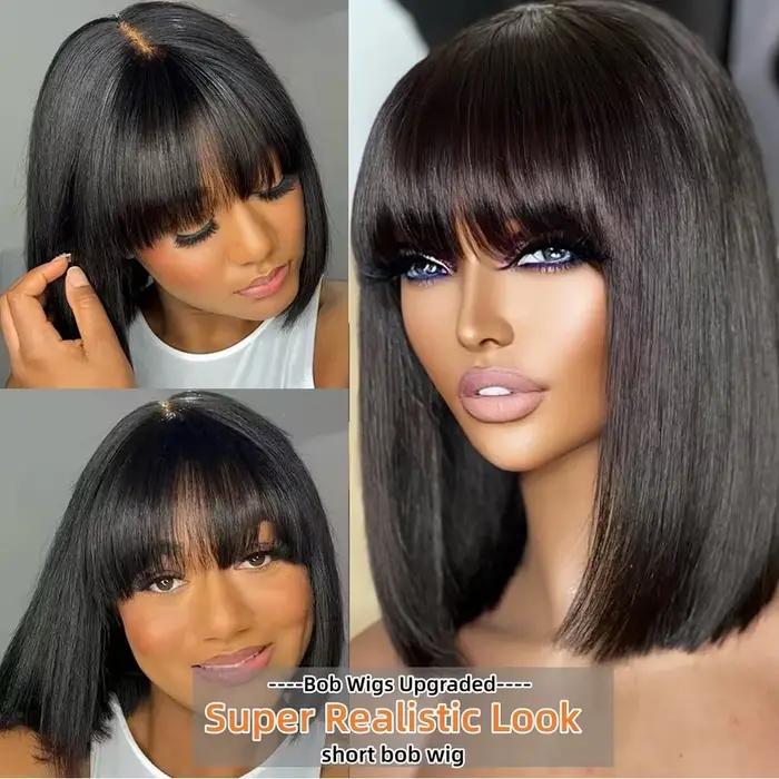 Perruques Bob Courtes Droites 3x1 en Dentelle avec Frange, Perruques Sans Colle en Cheveux Humains Lisses, Perruques Bob Brésiliennes à Frange et Raie au Milieu, Effet Cuir Chevelu Réaliste
