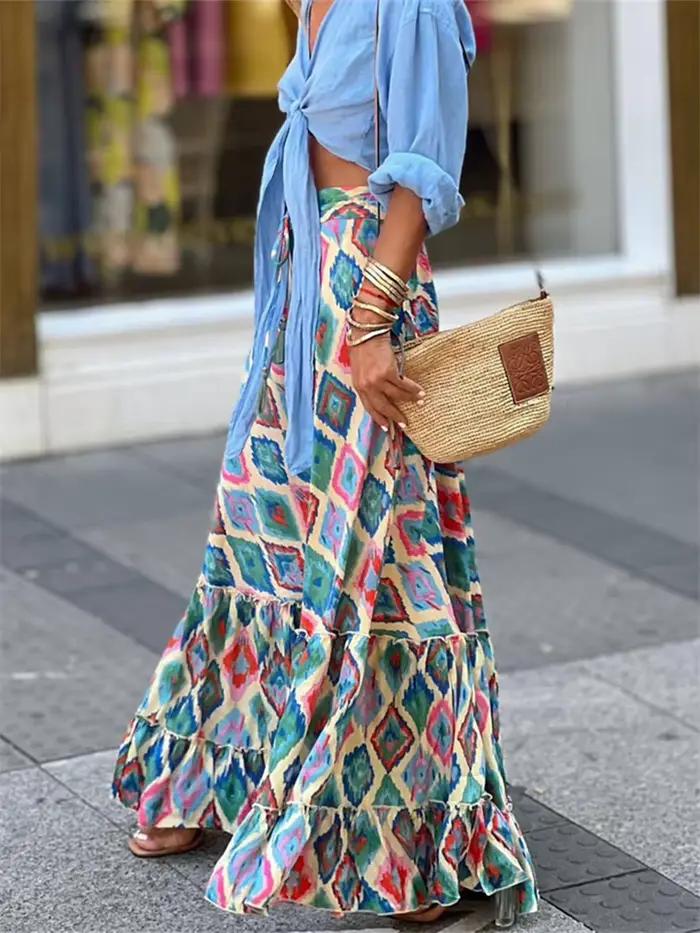 Femmes fluide Boho jupe imprimé ourlet à volants été