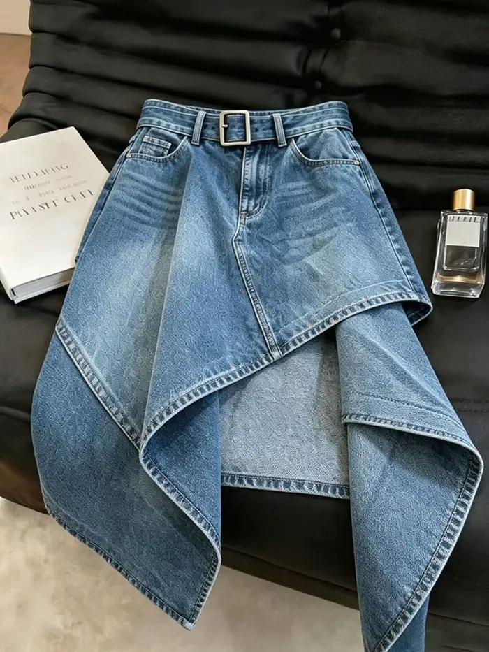 Nouvelle jupe irrégulière en jean bleu délavé pour femme 2026