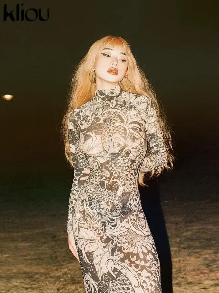 Kliou – Robe Maxi en maille imprimée Vintage pour femmes