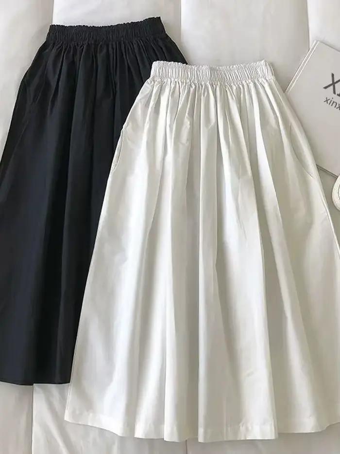 Femmes blanc jupe longue mode poches plissé genou longueur jupes automne nouveau décontracté élégant taille haute une