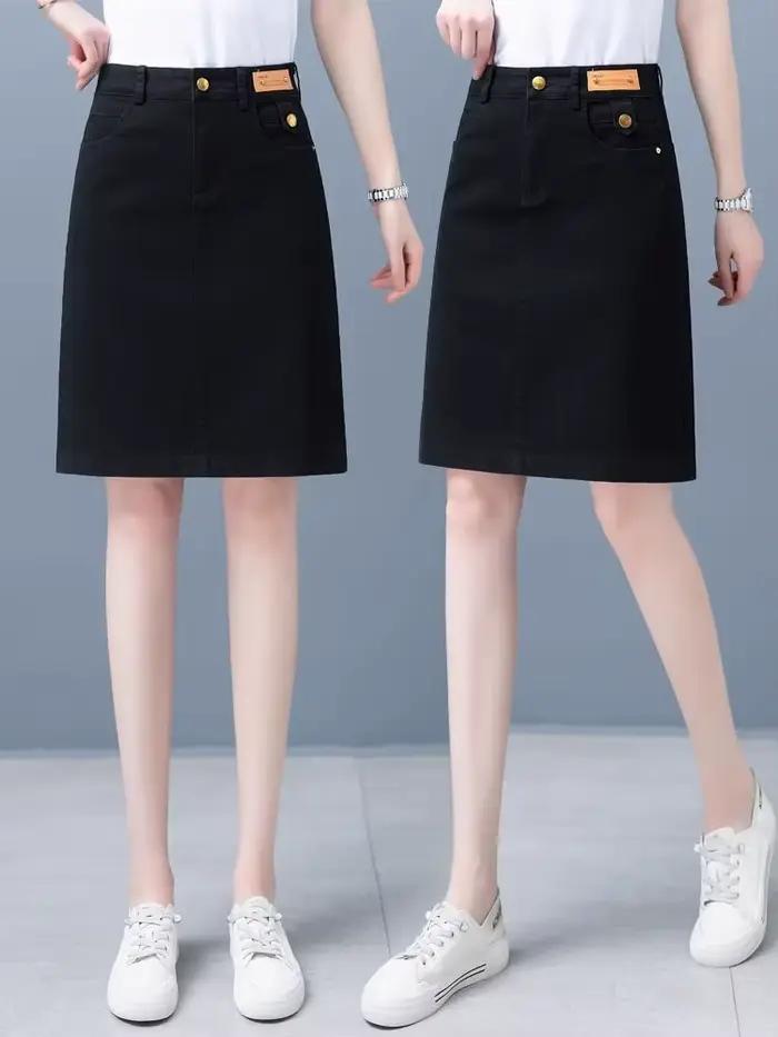 Jupes en jean femme noir Midi taille haute jupe