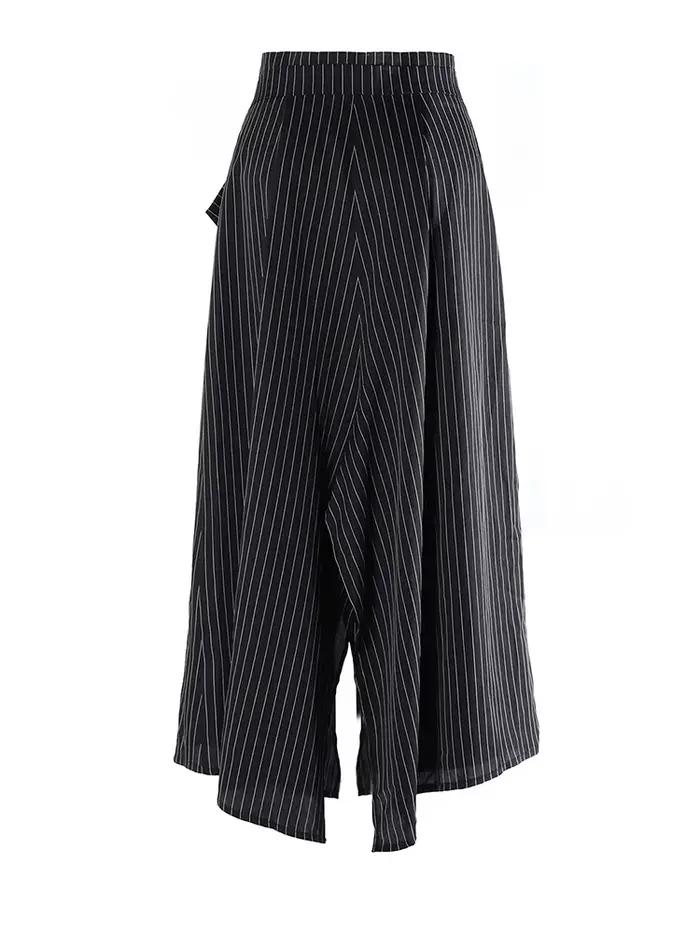 EAM Jupe Mi-Longue Plissée Ir régulière Élégante à Rayures Grises Taille Haute Pour Femmes Bureau Occasions Spéciales Polyester Coton
