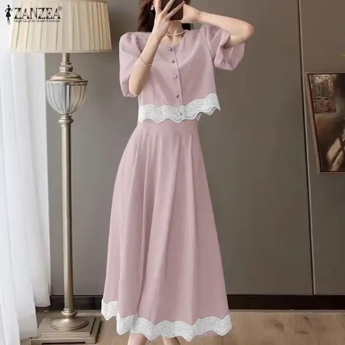 ZANZEA Ensemble de jupe et chemisier à manches bouffantes en dentelle vintage française