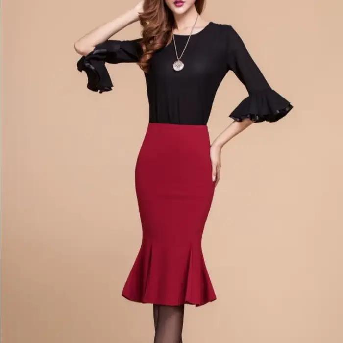 Jupe longue sirène Helabes taille haute avec volants polyester coupe ajustée pour femmes grandes tailles occasions printemps automne