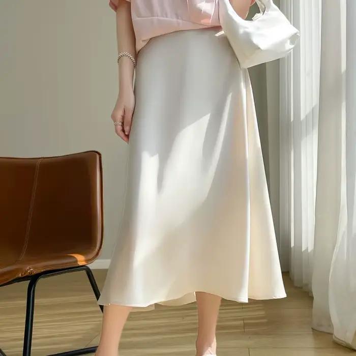 Jupe mi-longue trapèze en satin acétique pour femme, décontractée, coupe slim, idéale printemps-été, rayonne et élasthanne, tailles M, L', XL, XXL