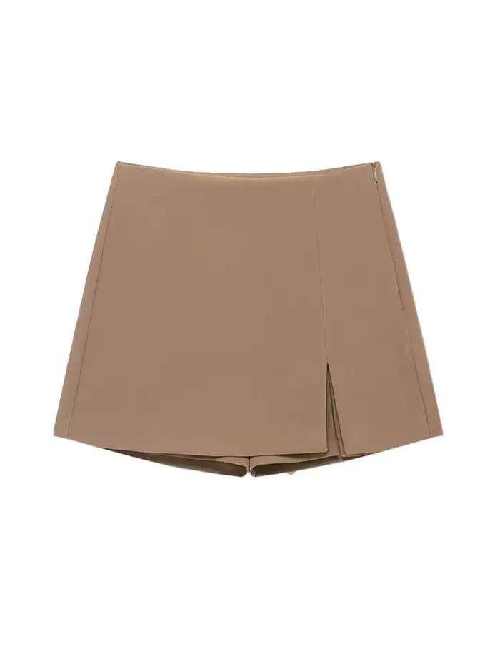 Jupe-short taille haute pour femme avec fente avant et fermeture éclair latérale