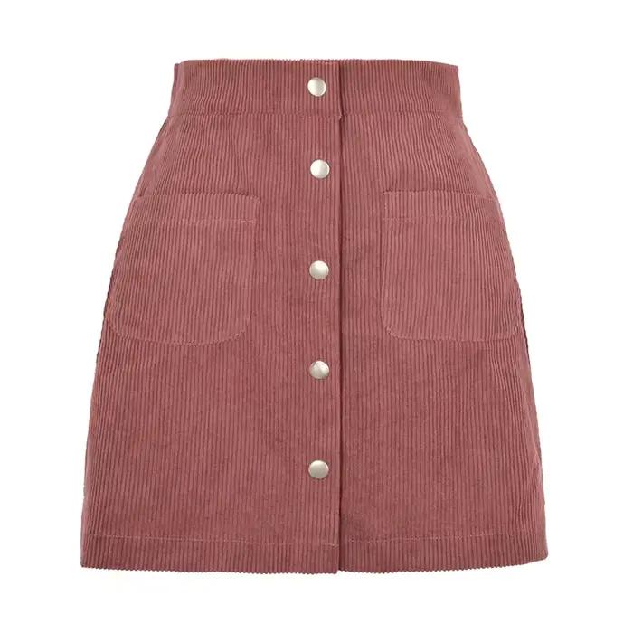 Vintage marron velours côtelé jupes pour femmes simple boutonnage coupe ajustée Mini jupe femme automne hiver coréen