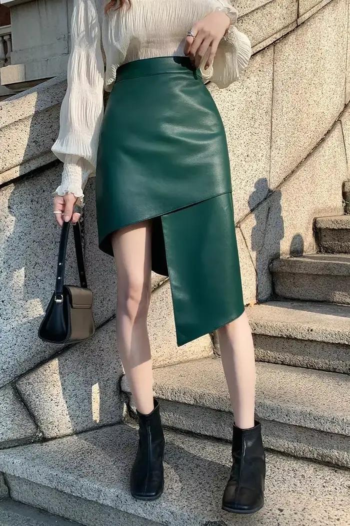 Jupe irrégulière taille haute en peau de mouton véritable pour femmes