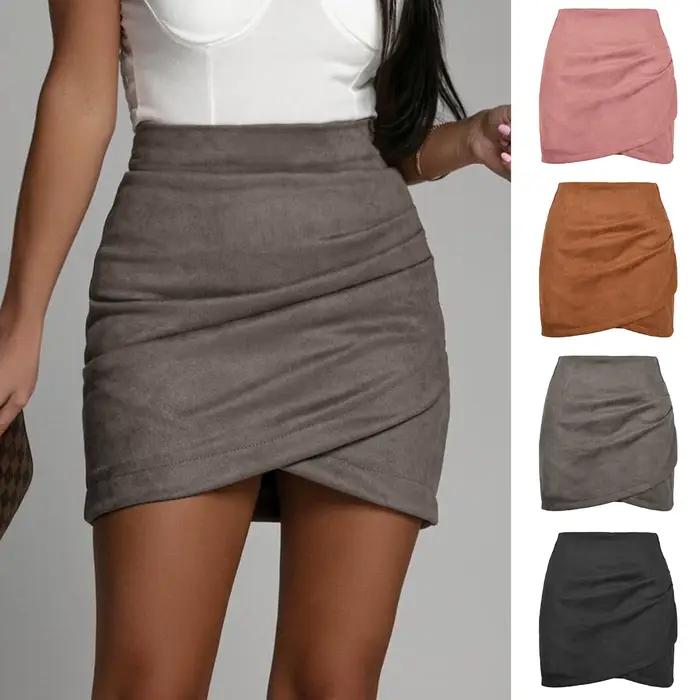 Daim Jupes Irrégulières Femmes D'été Haute artificiel astique Taille Plissée Fermeture Éclair Jupe LDY-WW5165