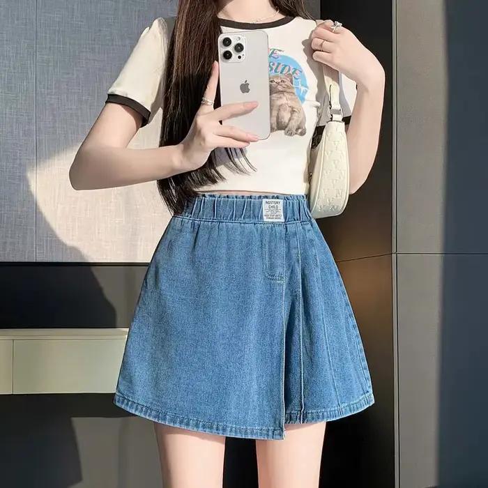 Jupe-short en jean à taille élastique effet deux pièces pour femme