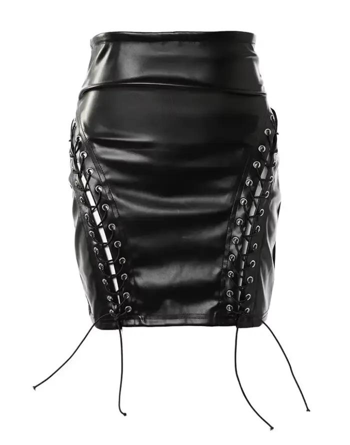 Jupes pour femme 2023 mode d'été taille haute en cuir Pu oeillet Sexy à lacets maigre plaine soirée Mini jupe