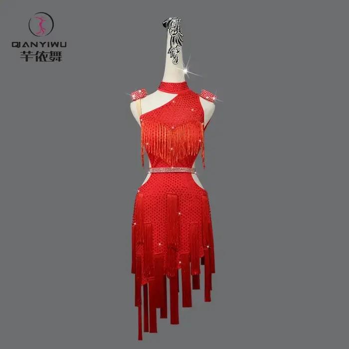 Robes de soirée rouges pour femmes, costume de danse latine élégant, compétition 2026, jupe à franges pour filles, vêtements de danse mi-longs, costume de samba pour bal fille robes soirée costume ju