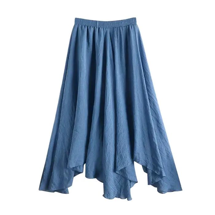 Jupe en lin femme printemps été 2025 nouvelles femmes Midi couleur unie sauvage irrégulière plissée bleu noir grande