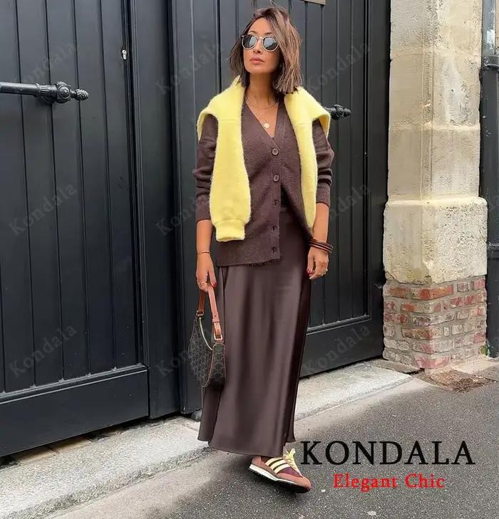 KONDALA élégant Satin mince Midi solide jupe femmes élastique taille haute a-ligne décontracté femme