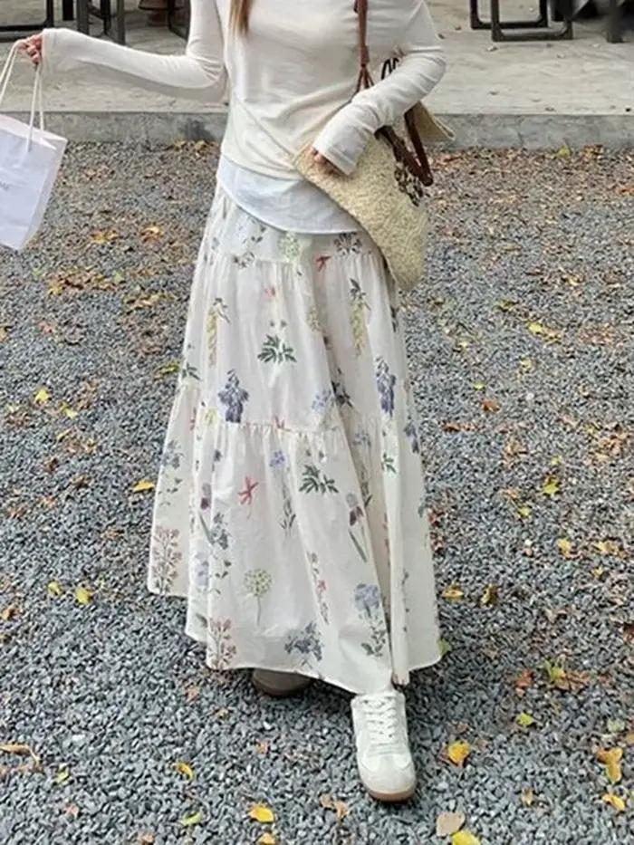Jupes longues florales femmes douce taille haute mode élégante une ligne jupe décontracté Style Preppy français ample