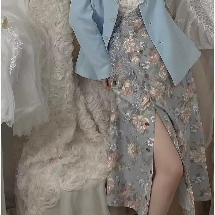 Jupe Femme Vintage Florale Y2K Taille Haute Élégante Boutonnée Décontractée Fendue Sexy Streetwear Été Nouvelle Tendance