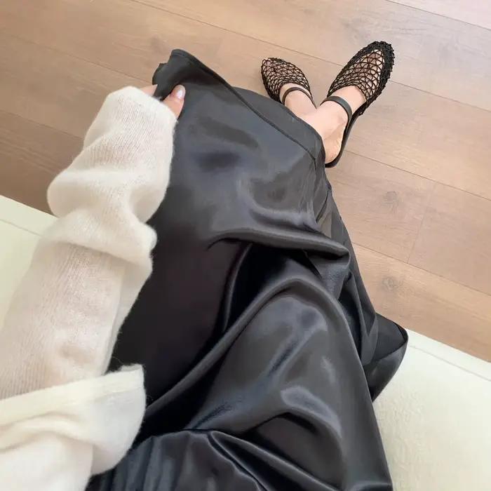 Jupe longue mi-longue trapèze en mousseline de soie brillante pour femme