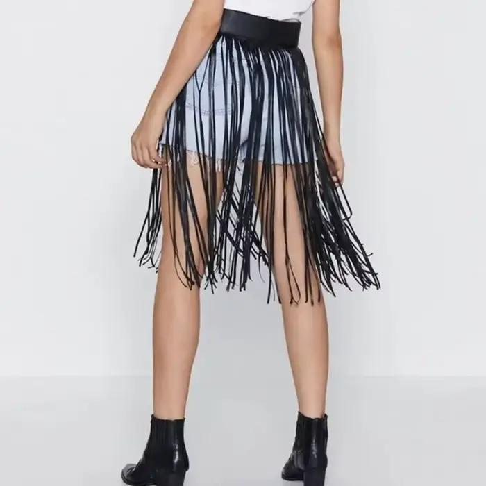 Jupe longue à franges et pompons en similicuir, taille haute, ajustable, style punk rock bohème, avec ceinture, pour tenue de club