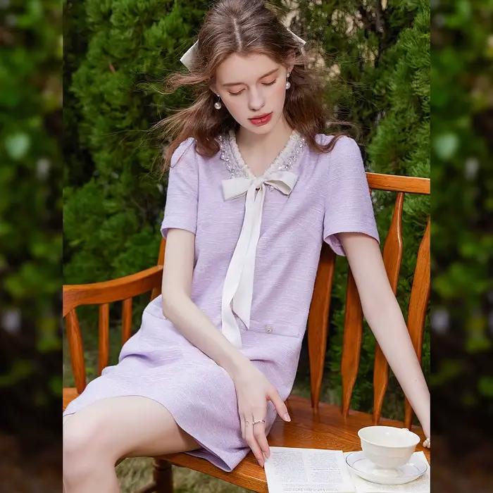 LOUIS YAO 2025 été nœud a-ligne jupe nouvelle élégante à lacets contraste épissage Non élastique robe pour femmes