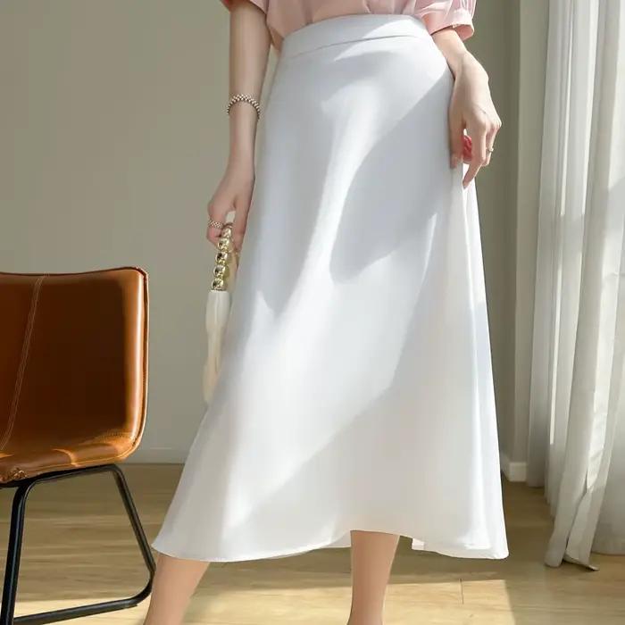 Jupe mi-longue trapèze en satin acétique pour femme, décontractée, coupe slim, idéale printemps-été, rayonne et élasthanne, tailles M, L', XL, XXL