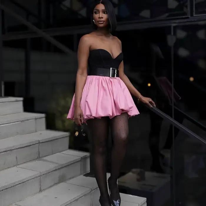 Jupe courte rose taille haute pour femme style bulle à la mode pour la plage club streetwear et danse occasions spéciales