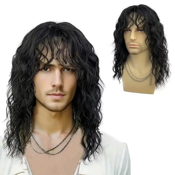 Perruque synthétique noire naturelle de 18 pouces, cheveux longs bouclés pour hommes, usage quotidien avec frange, Punk Rock, tenues cadeaux, perruque de fête costumée