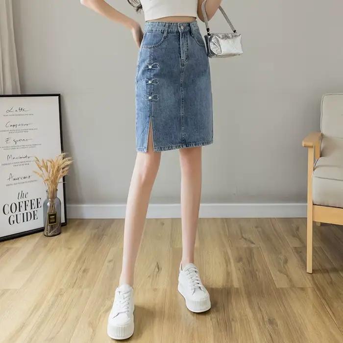 Jupes en jean pour femmes bleu aux genoux longueur avec fente taille haute femme jupe