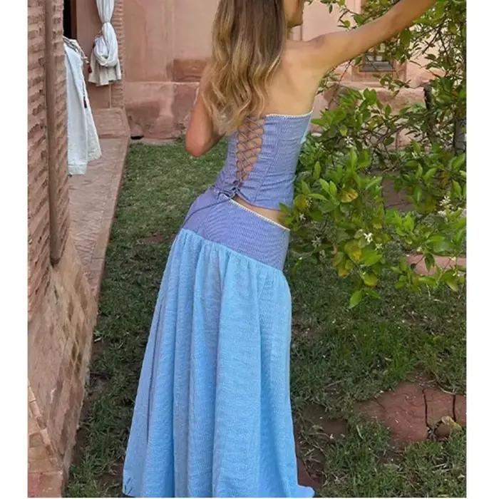 Ensemble jupe femme été rayé colorblock sexy dos nu hauts à lacets taille mi-haute