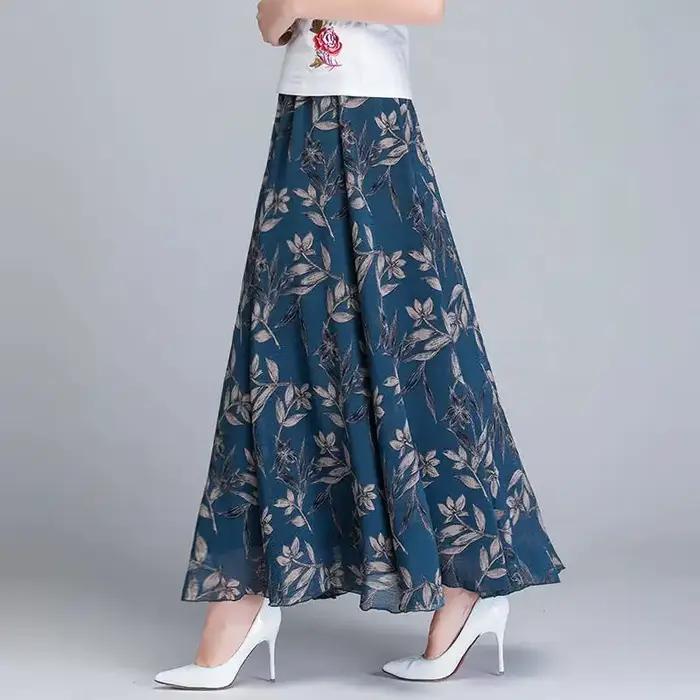 Mousseline de soie florale Maxi jupe d'été femmes longue taille haute vacances danse