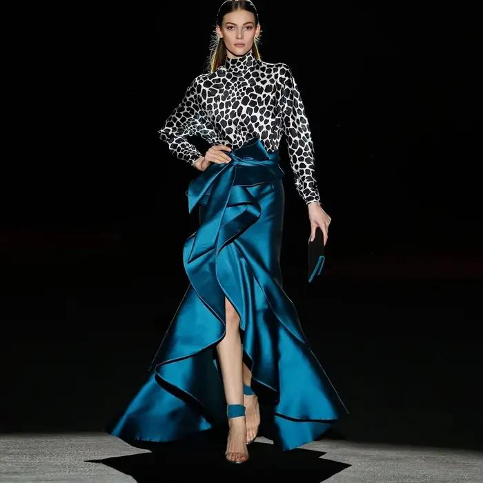 Jupe Sirène en Satin Bleu Sarcelle à Volants et Fermeture Éclair pour Femme