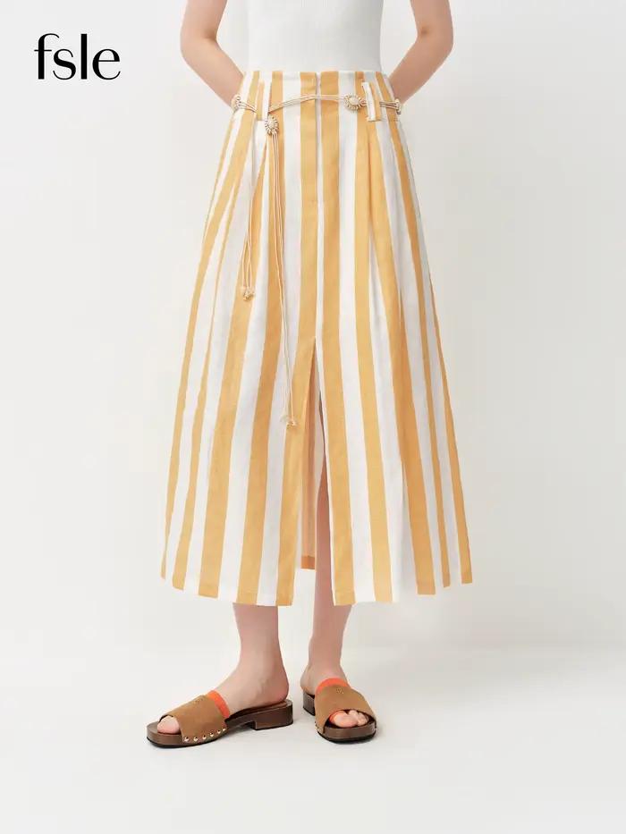 Jupe mini trapèze rayée citron et blanc FSLE 2026 pour femme - Style fluide décontracté inspiré de la nature pour les sorties quotidiennes