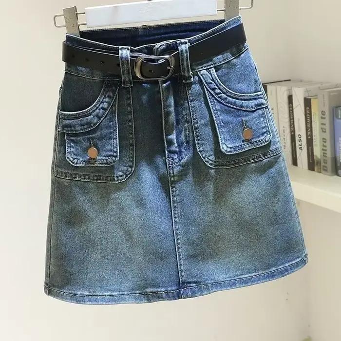 Jupe courte en jean bleu pour femme, mini jupe en jean avec poche, fermeture éclair, taille haute, sexy, rond, premium, V