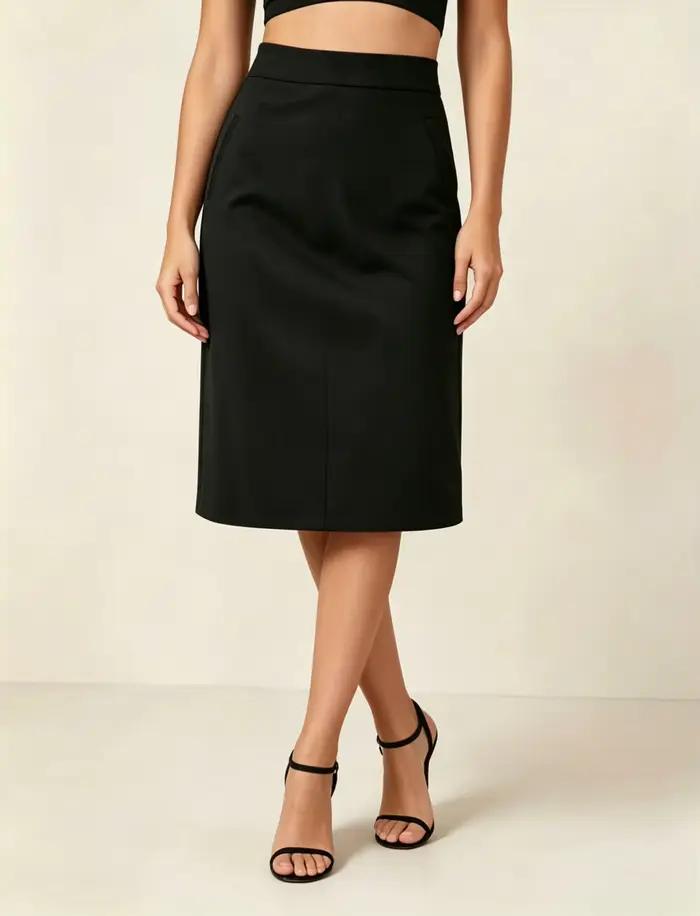 Jupe midi pour femme, taille haute, coupe droite, ligne A, avec poches, noire, décontractée, pour le printemps et l'été, tenue de bureau, élégante
