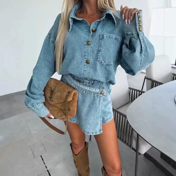 Ensemble jupe Vintage pour femmes, Y2K, manches longues, poches, manteau en jean, veste, Mini jupe irrégulière, ensemble deux pièces, tenues d'automne, Streetwear