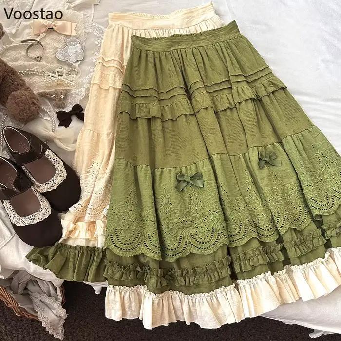 Mori Girl Style Lolita jupe Midi femmes Vintage broderie dentelle florale nœud volants jupes longues femme Prairie Chic