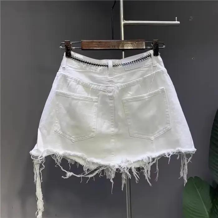 Jupe en jean irrégulière anti-marche pour femmes avec trou et poche exposée style sexy et club occasions spéciales et décontractées