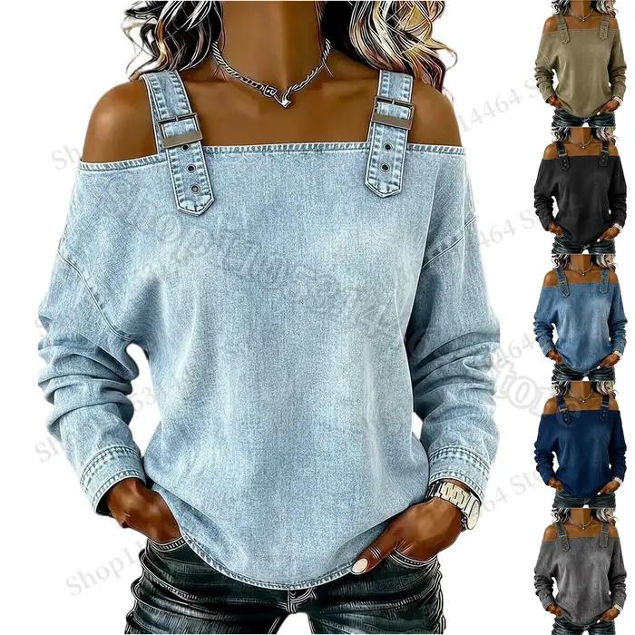 Haut en jean pour femme, élégant haut à épaules dénudées à manches longues avec bretelles, chemise en jean élégante et polyvalente