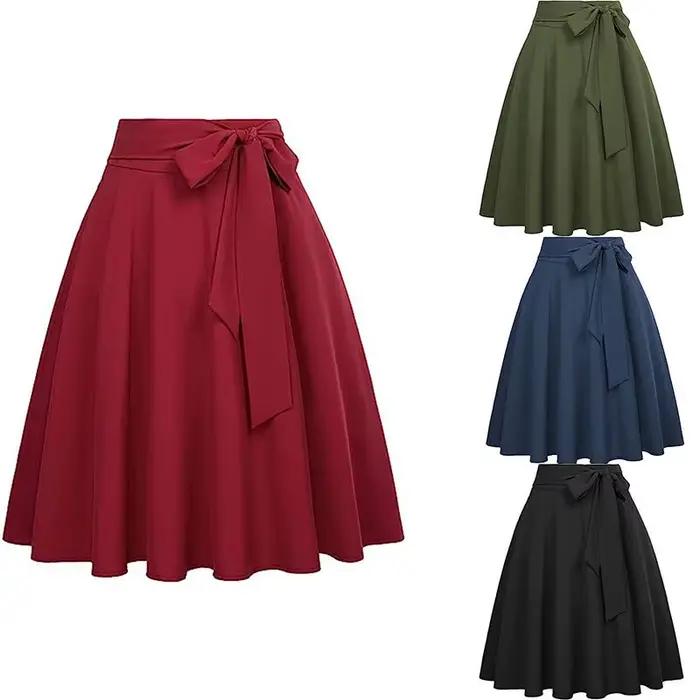 Jupe mi-longue évasée taille haute avec poches pour femme