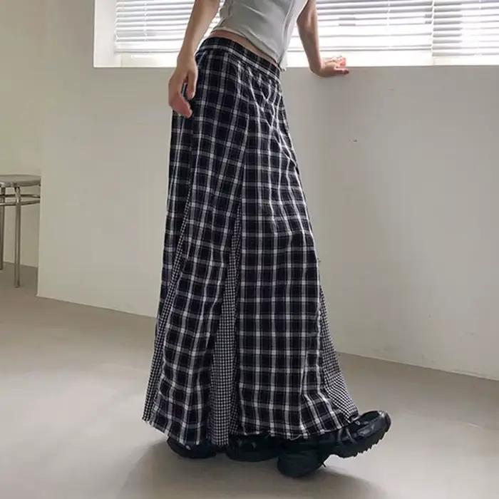 Femmes Plaid jupe longue rétro épissage taille haute